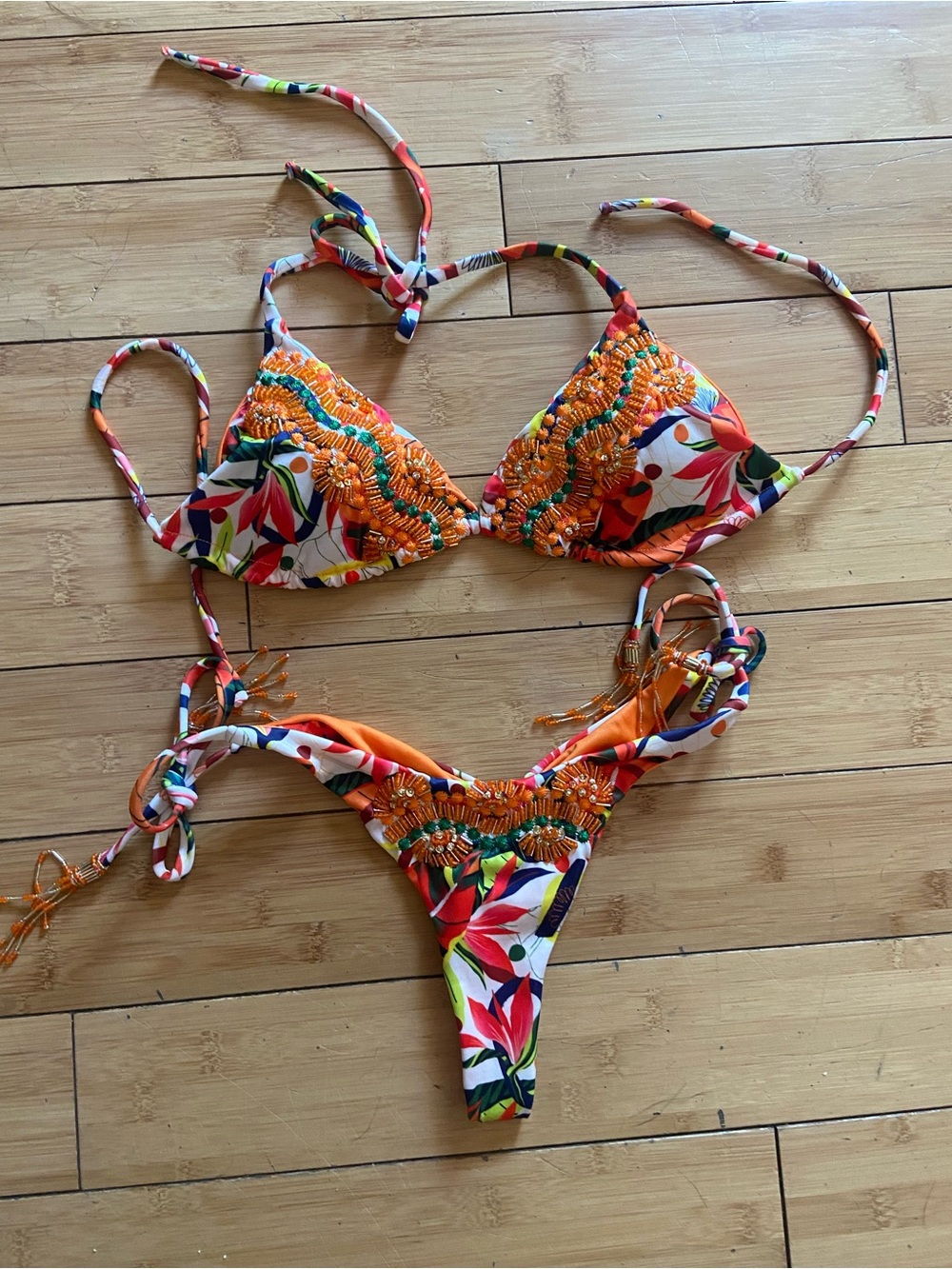 Orange Floral Beaded Triangle Bikini Set